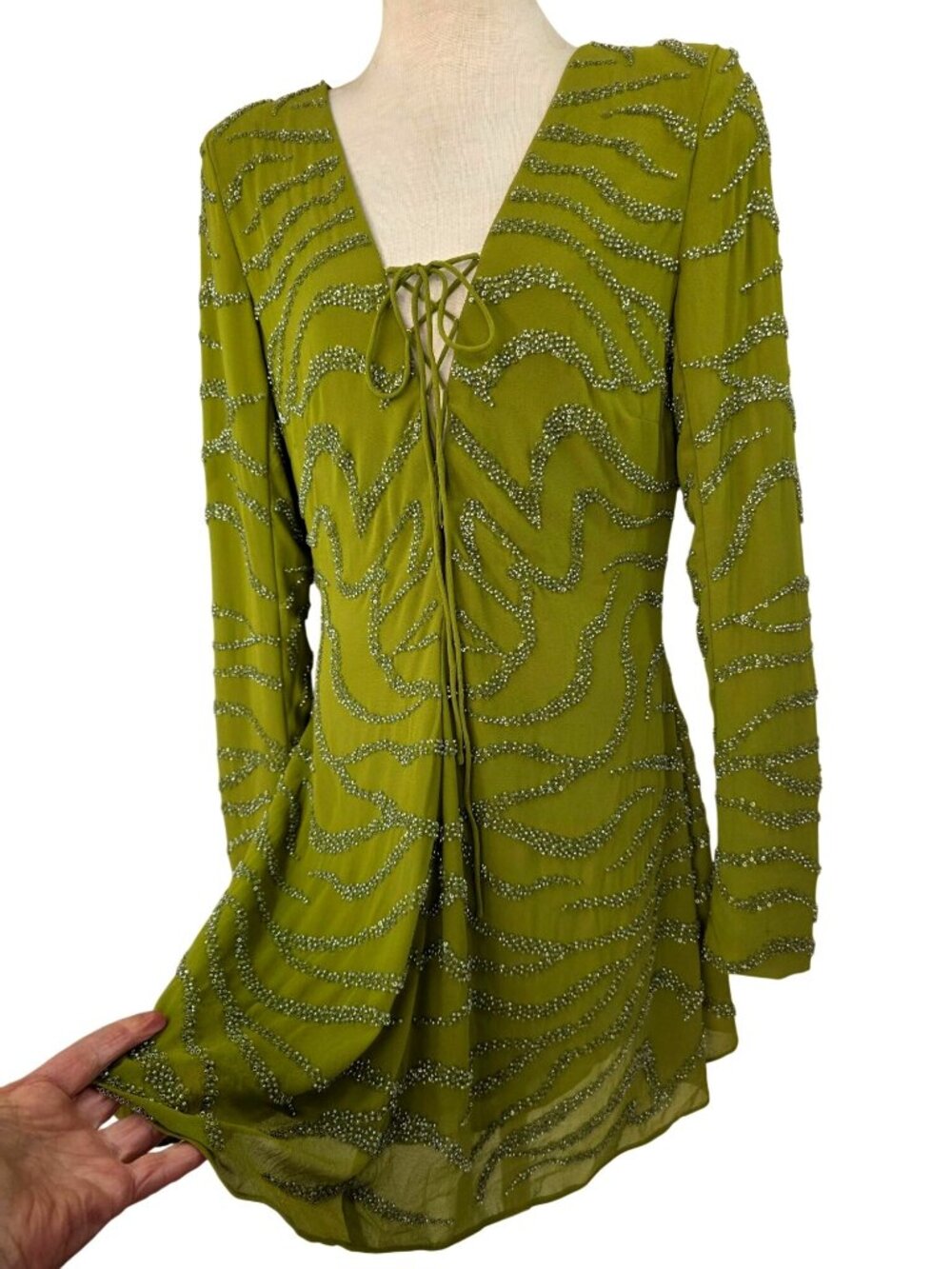 Oh Polly Beaded Dress Women US 8 Green Deep V Lace Up Mini Dress Long Sleeve